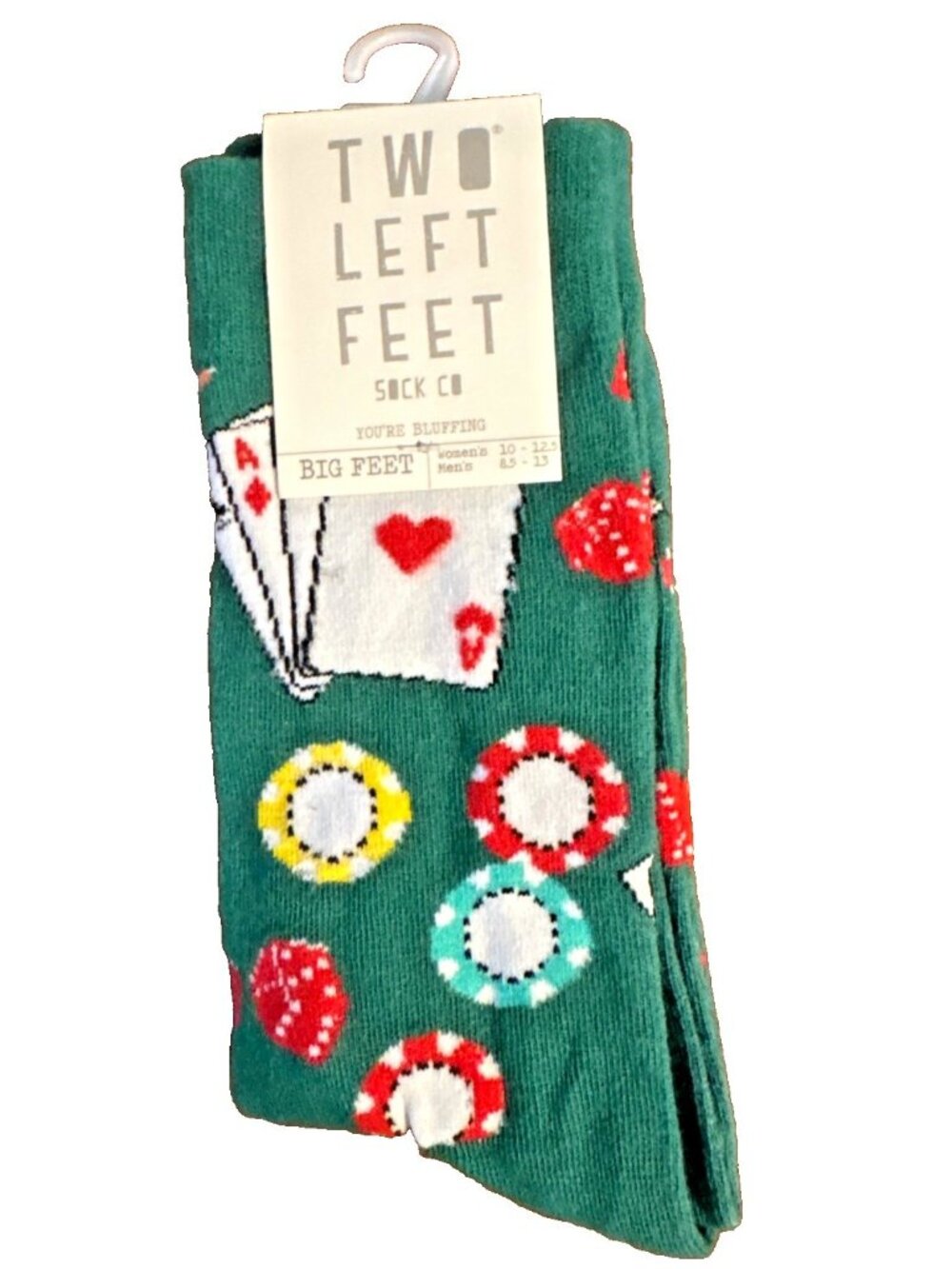 Unisex Two Left Feet Youre Bluffing Green Poker Themed Socks Big Feet NEW